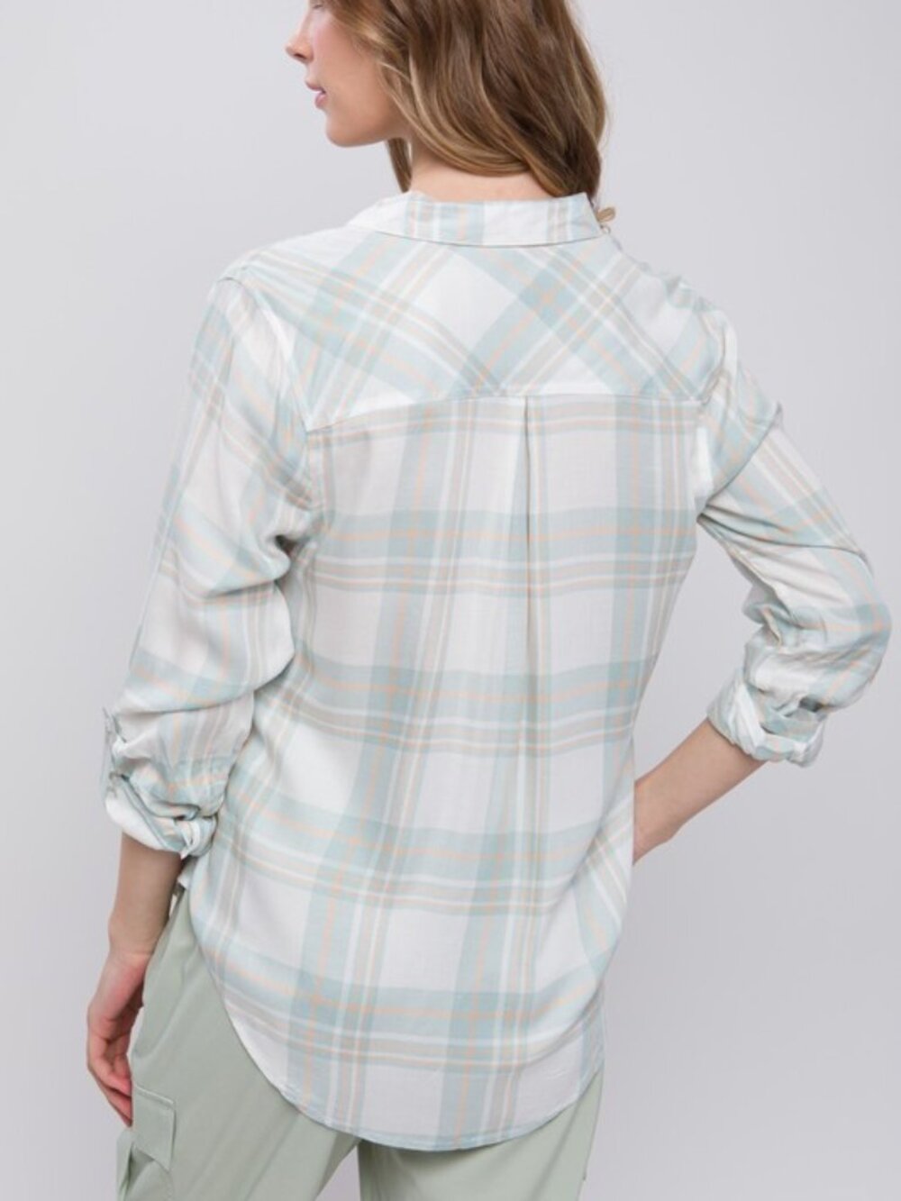 Lightweight Plaid Button-Up Top - Mint Green - Picture 4 of 15